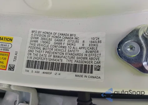 2025 Honda Civic Sport z USA, uszkodzony, nr VIN 2HGFE2F51SH543478